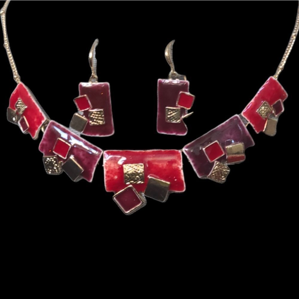 Statement Necklace And Pierced Earrings Paris! Ikita Red Enamel And Gold 16"-19"